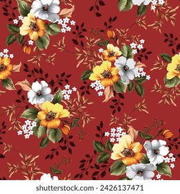 yellow and grey seamless vector stock flowers with leaves bunches pattern on red background