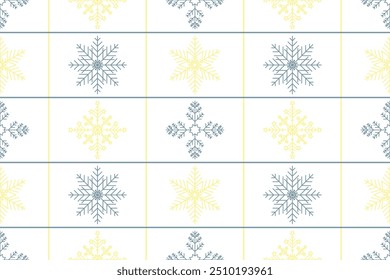 Yellow grey snowflakes lines seamless vector pastel pattern packaging paper Textile Wrapping paper Napkin Winter holiday Simple design Isolated background December mood Christmas time Xmas season