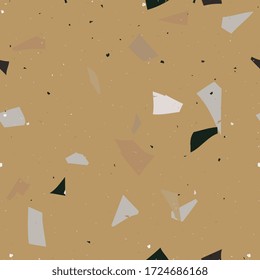 Yellow and grey terrazzo seamless pattern in modern style on brown background. Flooring abstract stone  print. Vector surface texture of granite, concrete, mosaic tile, pebbles, quartz shape.