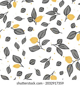 Gelbe und graue Tulpenmuster mit abstrakten gelben Polka-Punkten. Nahtlose Vektorgrafik von Frühlings- und Sommergarten-Blumen. Hübsches Design ist hell und fröhlich.
