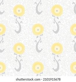 Yellow and grey vector repeat simple floral pattern on a doodle backdrop on white