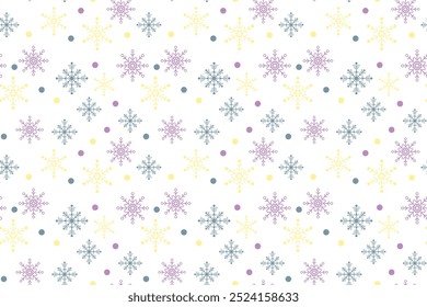 Yellow grey violet snowflakes dot seamless vector pastel pattern packaging paper Textile Wrapping paper Napkin Winter holiday Simple design Isolated background December mood Christmas time Xmas season