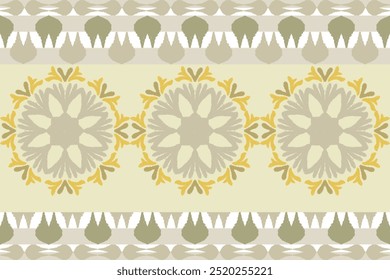 Yellow, grey, and white embroidery, motif ethnic ikat seamless textile illustration, print striped ornament, pattern, design for wrapping, silk, scarf, background, and textile.