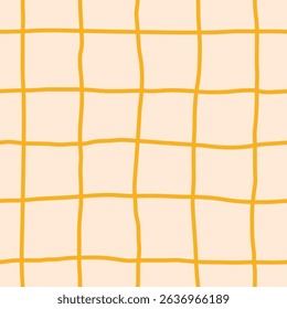 Yellow Grid Hand Drawn Seamless Pattern. Trendy Checkered Endless Background with curvy lines. Simple Rough Texture. Repeat vector illustration