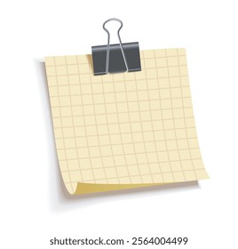 Yellow grid paper note with a black binder clip on a white background, realistic vector illustration with shadows, perfect for reminders, office, or creative projects