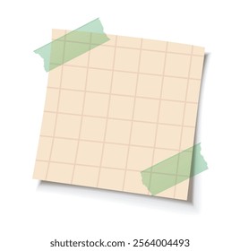 Yellow grid paper note with green adhesive tape on a white background, realistic vector illustration with shadows, perfect for reminders, design, or creative projects