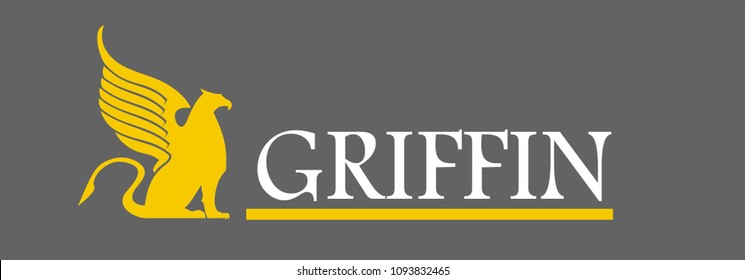 yellow Griffin logo with label, isolated on grey background.