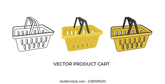 Yellow grocery cart. Linear vector drawing of a grocery cart. Different grocery cart icon for online sales. Coloring book with a product cart.