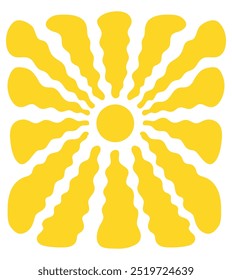 Yellow groovy sun, flat simple vector illustration. Sun isolated on white background. Abstract retro sun with wavy rays. Vintage poster or banner design. Trendy 60s 70s hippie style. Summer pattern