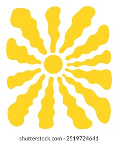 Yellow groovy sun, flat simple vector illustration. Sun isolated on white background. Abstract retro sun with wavy rays. Vintage poster or banner design. Trendy 60s 70s hippie style. Summer pattern