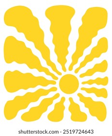 Sol groovy amarelo, ilustração simples vetor plana. Sol isolado em fundo branco. Sol retrô abstrato com raios ondulados. Cartaz ou banner vintage. Trendy estilo hippie dos anos 60. Padrão de verão