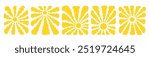 Yellow groovy sun set, flat simple style, vector illustration. Sun isolated on white background. Abstract retro sun with wavy rays. Vintage elements for posters, banners design. Trendy 60s 70s hippie