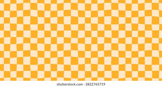 Yellow groovy twisted checkered seamless pattern. Wavy abstract checkerboard background. Retro orange geometric print for wapping paper. Y2k wallpaper. Vector illustration