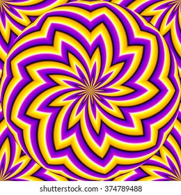 Yellow growing sphere with star (optical expansion illusion). Seamless pattern.