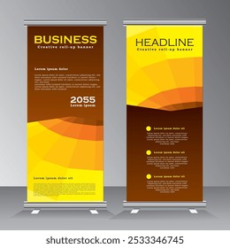 Yellow and grown mixed roll up banner vertical template design, for brochure, business, flyer, infographics. modern x-banner and roll up banner advertising. vector illustration