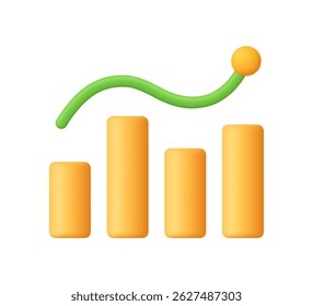 Gráfico de barras de crescimento amarelo com colunas, gráfico para baixo e para cima. Mercado de ações financeiro, análise de dados e conceito de negócios. ícone de vetor 3d. Estilo mínimo de desenho animado.