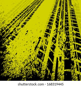 Yellow grunge background with black tire track. eps10