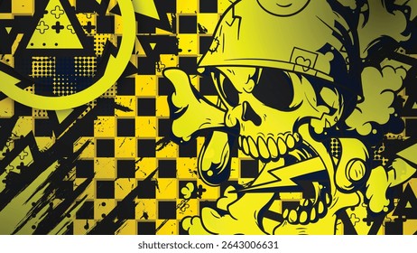 A yellow grunge background vector with army skulls, checkerboard, lightning symbols and abstract patterns. Suitable for street, urban and edgy designs.