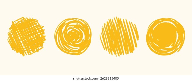 Yellow grunge circle stamp set. Hand drawn round shapes with brush texture and rough edges. Vector doodle marks for badges, ink seals, highlights, or abstract design elements.