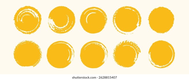 Yellow grunge circle stamp set. Hand drawn round shapes with brush texture and rough edges. Vector doodle marks for badges, ink seals, highlights, or abstract design elements.