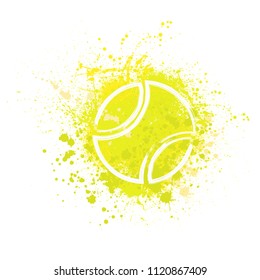 Yellow grunge ink blots splash with white outline tennis ball silhouette