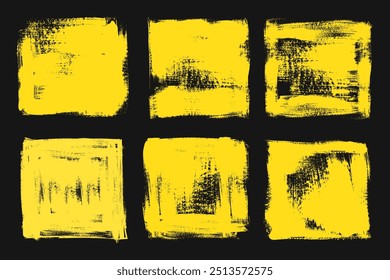 Ensemble de cadres rectangulaires texturés grunge jaune. Formes rectangulaires grunge peintes à l'ébauche. 