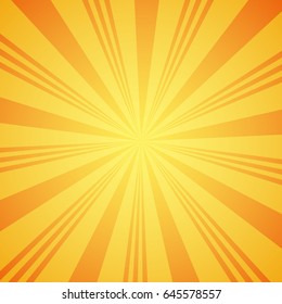 Yellow grunge sunbeam background. Sun rays abstract wallpaper. Surface pattern design with symmetrical lines ornament. Striped motif. Vector illustration