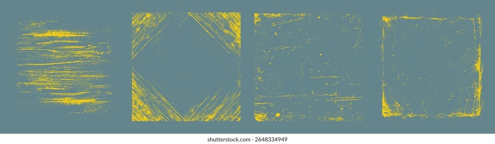 Yellow grunge texture frames on blue background. Scratchy, distressed photo overlays with rough edges.
