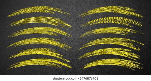 Yellow grunge tire tracks, wheel braking marks. Truck, car or motorcycle tread pattern silhouettes. Auto race, motorsport, speed racing design element. Asphalt texture. Vector illustration