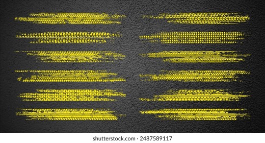 Yellow grunge tire tracks, wheel braking marks. Truck, car or motorcycle tread pattern silhouettes. Auto race, motorsport, speed racing design element. Asphalt texture. Vector illustration