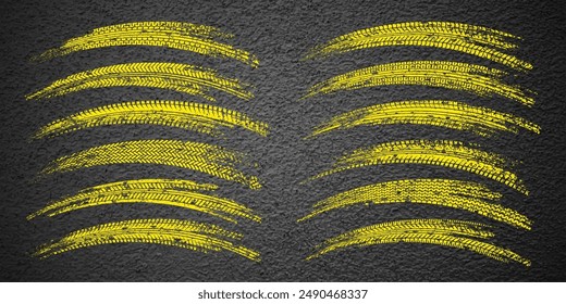 Yellow grunge tire tracks, wheel braking marks. Truck, car or motorcycle tread pattern silhouettes. Auto race, motorsport, speed racing design element. Asphalt texture. Vector illustration