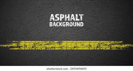 Yellow grunge tire tracks, wheel braking marks. Truck, car or motorcycle tread pattern silhouettes. Auto race, motorsport, speed racing design element. Asphalt texture. Vector illustration