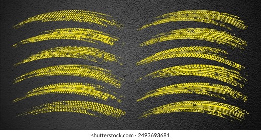 Yellow grunge tire tracks, wheel braking marks. Truck, car or motorcycle tread pattern silhouettes. Auto race, motorsport, speed racing design element. Asphalt texture. Vector illustration