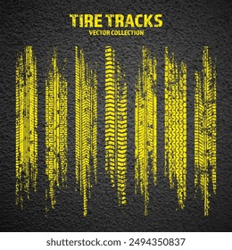 Yellow grunge tire tracks, wheel braking marks. Truck, car or motorcycle tread pattern silhouettes. Auto race, motorsport, speed racing design element. Asphalt texture. Vector illustration.