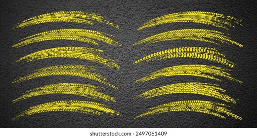 Yellow grunge tire tracks, wheel braking marks. Truck, car or motorcycle tread pattern silhouettes. Auto race, motorsport, speed racing design element. Asphalt texture. Vector illustration