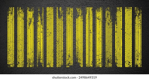 Yellow grunge tire tracks, wheel braking marks. Truck, car or motorcycle tread pattern silhouettes. Auto race, motorsport, speed racing design element. Asphalt texture. Vector illustration