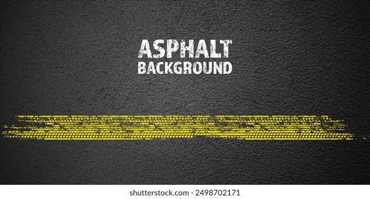 Yellow grunge tire tracks, wheel braking marks. Truck, car or motorcycle tread pattern silhouettes. Auto race, motorsport, speed racing design element. Asphalt texture. Vector illustration