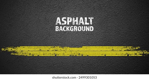 Yellow grunge tire tracks, wheel braking marks. Truck, car or motorcycle tread pattern silhouettes. Auto race, motorsport, speed racing design element. Asphalt texture. Vector illustration