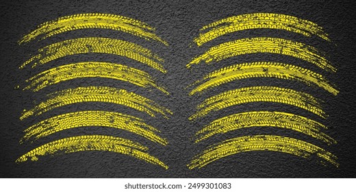Yellow grunge tire tracks, wheel braking marks. Truck, car or motorcycle tread pattern silhouettes. Auto race, motorsport, speed racing design element. Asphalt texture. Vector illustration