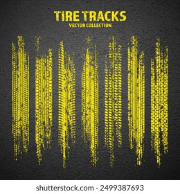 Yellow grunge tire tracks, wheel braking marks. Truck, car or motorcycle tread pattern silhouettes. Auto race, motorsport, speed racing design element. Asphalt texture. Vector illustration