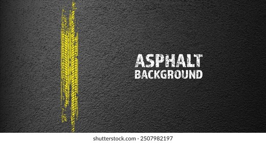 Yellow grunge tire tracks, wheel braking marks. Truck, car or motorcycle tread pattern silhouettes. Auto race, motorsport, speed racing design element. Asphalt texture. Vector illustration