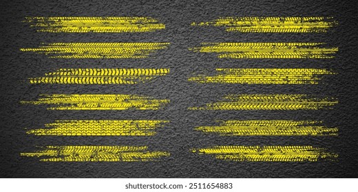 Rastreio dos pneus amarelos grunge, marcas de travagem das rodas. Silhuetas padrão de piso de caminhões, automóveis ou motociclos. Auto corrida, automobilismo, velocidade de corrida elemento de design. Textura de asfalto. Ilustração vetorial