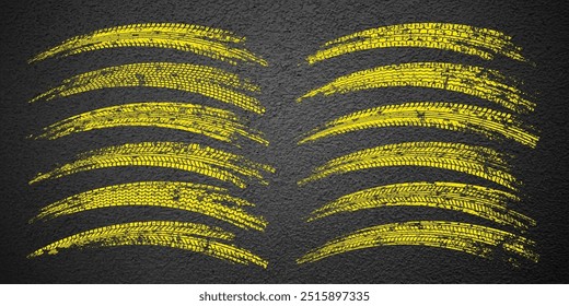 Yellow grunge tire tracks, wheel braking marks. Truck, car or motorcycle tread pattern silhouettes. Auto race, motorsport, speed racing design element. Asphalt texture. Vector illustration