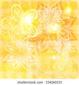 yellow grungy bright background with  abstract graphic flowers