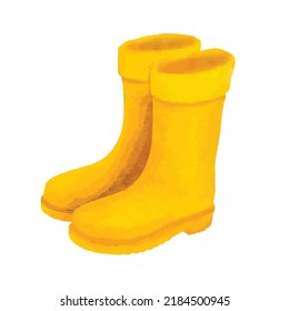 Yellow gumshoes vector illustration. Galoshes on white background. Autumn rubbers clipart. Rainy day style. Aquarelle picture. Clipart for logo, greeting card and design.