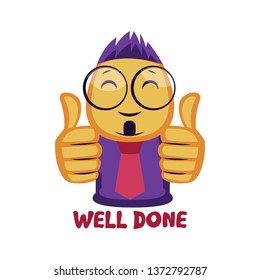 Yellow guy showing two thumbs up saying Well done vector illustration on a white background