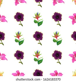 Yellow Guzmania. Pink Bauhinia Purpurea. Green bird of paradise. Violet Petunia. Vector illustration. Seamless background pattern. Floral botanical flower. Wild leaf wildflower isolated. Exotic.