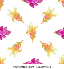 Yellow Guzmania. Pink Ginger. Vector illustration. Seamless background pattern. Floral botanical flower. Wild leaf wildflower isolated. Exotic tropical hawaiian jungle. Fabric wallpaper print texture.
