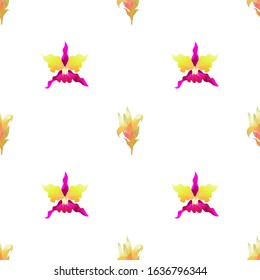 Yellow Guzmania. Pink Orchid. Vector illustration. Seamless background pattern. Floral botanical flower. Wild leaf wildflower isolated. Exotic tropical hawaiian jungle. Fabric wallpaper print texture.