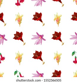 Yellow Guzmania. Purple Amaryllis. Purple Hatiora. Red Angel Trumpet. Vector illustration. Seamless background pattern. Floral botanical flower. Wild leaf wildflower isolated. Exotic tropical.